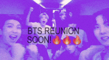 a purple background with the words bts reunion soon written on it