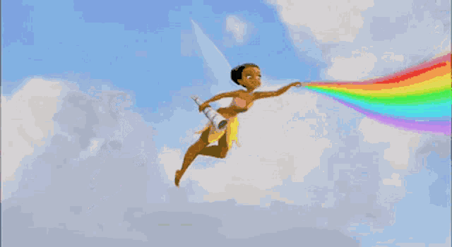a pixel art of a fairy with a rainbow in the sky