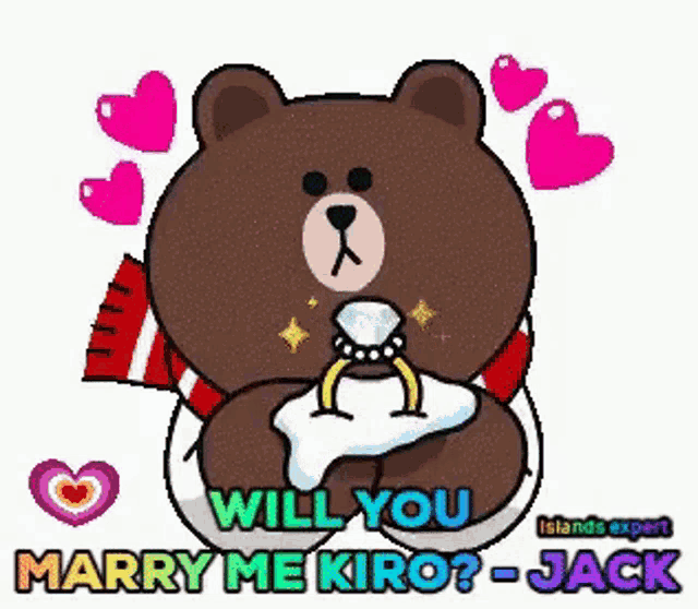 a brown teddy bear is holding a diamond ring and asking to marry him .