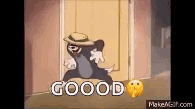 a cartoon of a cat wearing a hat is standing in front of a door and saying `` good '' .