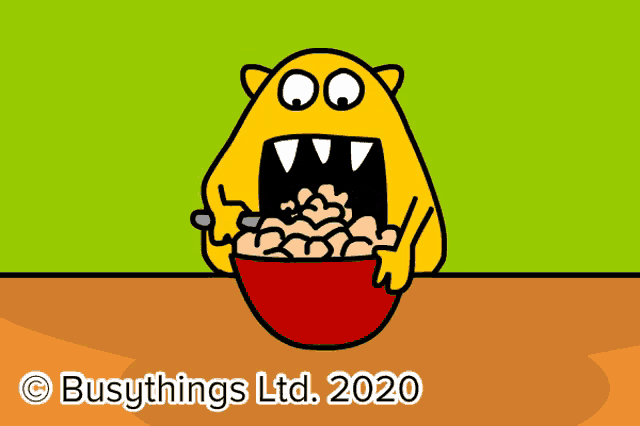 a cartoon of a monster eating a bowl of cereal