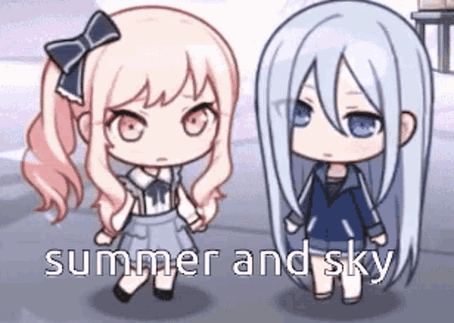 two anime girls are standing next to each other holding hands and the words summer and sky are on the bottom .