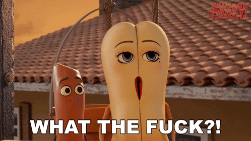 a cartoon sausage says what the fuck in front of a roof
