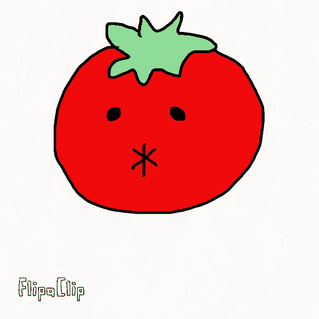 a cartoon drawing of a tomato with a star in its mouth and the words flipa clip below it