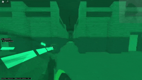 a person is holding a gun in a video game with a green light on the wall .