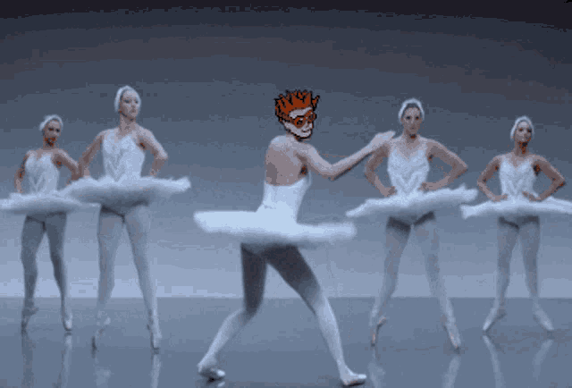 a group of ballerinas are dancing with a man in a swan costume in the middle