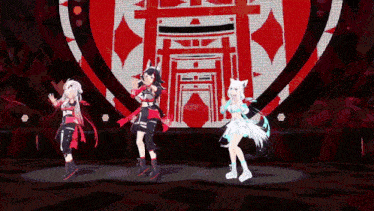 three anime girls are dancing on a stage in front of a large screen