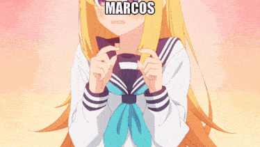 a girl in a school uniform with the name marcos on the bottom