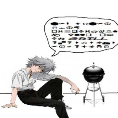 a drawing of a man sitting next to a grill with a speech bubble above him that says " grill "