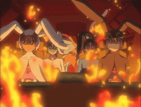 a group of anime characters are sitting in a room with fire coming out of it