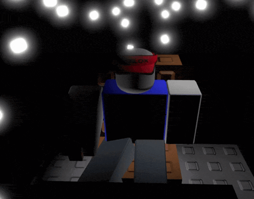 a cartoon character wearing a roblox hat is surrounded by lights