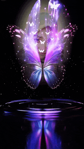 a woman is surrounded by purple butterflies and a reflection of her face