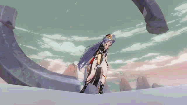 a girl with long hair and a crown is standing in front of a large rock .