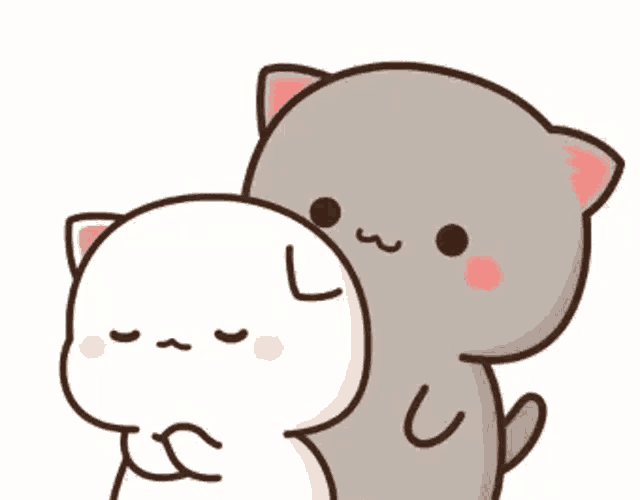 a couple of cute cartoon cats hugging each other on a white background .