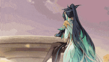 a woman with long black hair and green feathers is sitting on a table