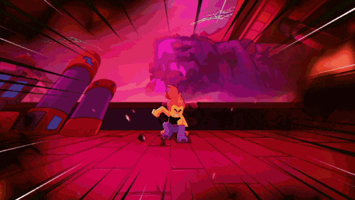 a cartoon character is standing on a wooden floor with a purple background .