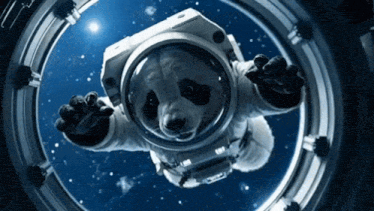 a panda bear in a space suit is floating through the air