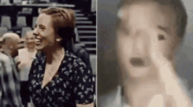 a woman is laughing and making a funny face while standing in front of a crowd of people .