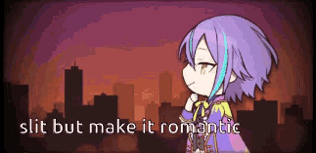 a girl with purple hair is standing in front of a city skyline and the words " slit but make it romantic "