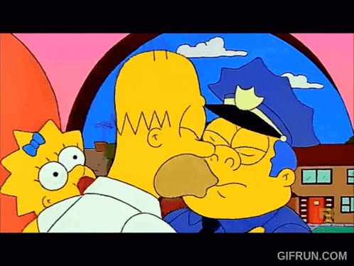 homer simpson is kissing a police officer while maggie watches .