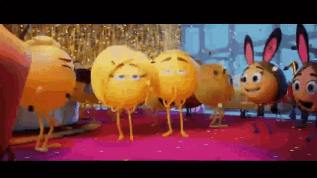 a group of cartoon characters are dancing on a pink carpet