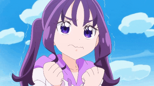 a girl with purple hair and blue eyes is making a face