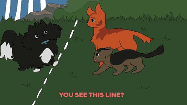 a drawing of three cats with the words " you 're supposed to be on the other side " below them