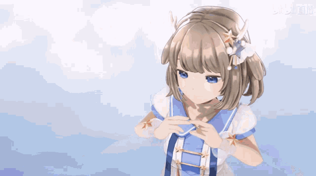 a girl in a blue and white sailor outfit with a star on her head