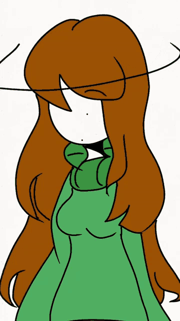 a cartoon drawing of a girl with long brown hair and a green sweater