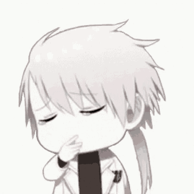 a chibi drawing of a boy with long white hair and blue eyes .