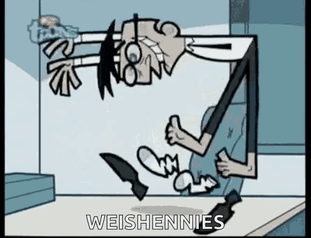 a cartoon character is holding a knife and giving a thumbs up while standing on a table .