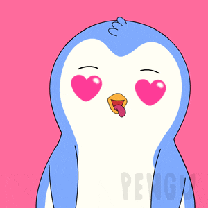 a penguin with hearts in its eyes and the word penguin on the bottom right
