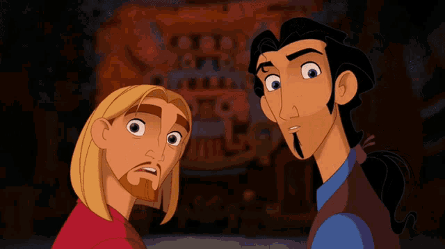 two cartoon characters are standing next to each other with one making a funny face and the other making a sad face