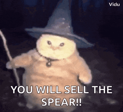 a cat is wearing a wizard hat and holding a wand and says `` you will sell the spear '' .