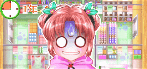 a pixel art drawing of a girl in a store with a clock behind her