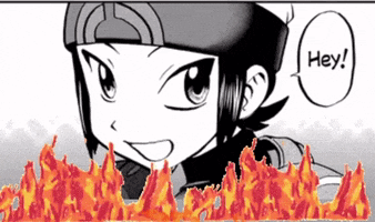 a black and white drawing of a boy saying hey with flames behind him