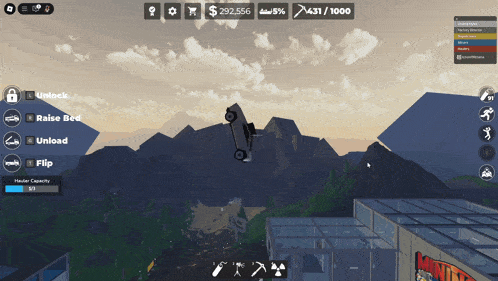 a screenshot of a video game where a car is flying through the air with mountains in the background