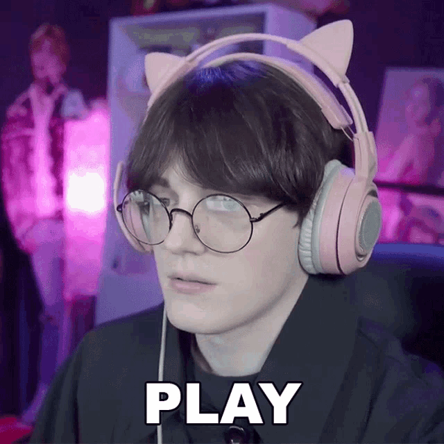 a person wearing glasses and headphones with the word play in white letters