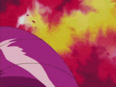 a purple object is surrounded by red and yellow flames .