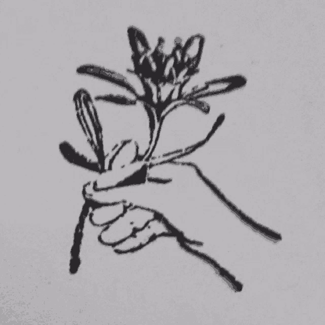 a black and white drawing of a person holding a plant