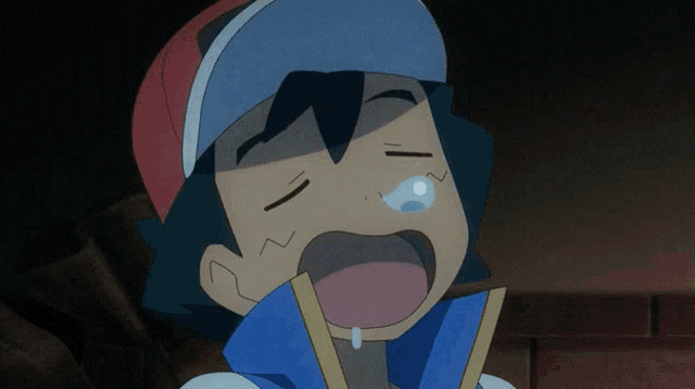 a close up of a cartoon character with his mouth open and a tear coming out of it