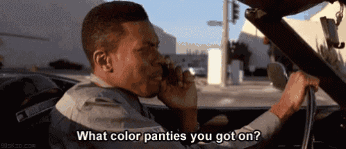 a man is talking on a cell phone while driving a car and asking what color panties you got on .
