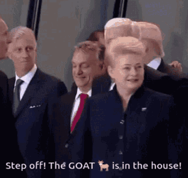 a group of people in suits and ties are standing next to each other with the caption " step off the goat is in the house "