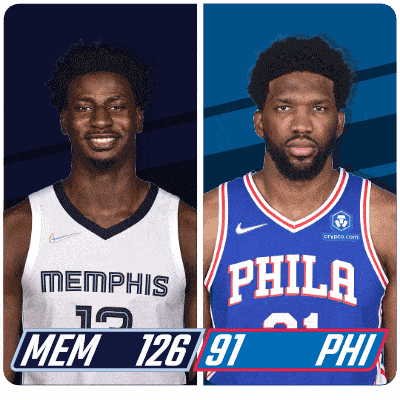 two basketball players from memphis and philadelphia are shown