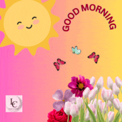 a greeting card with flowers and butterflies and the words good morning