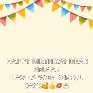 a birthday card for emma with balloons and a gift box .