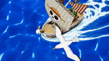 a seagull is flying near a ship with a skull and crossbones on it
