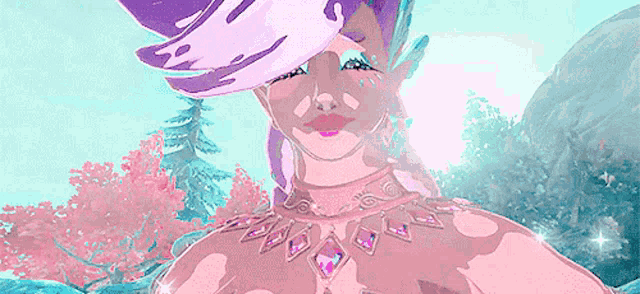a cartoon of a woman with a purple hat and a necklace