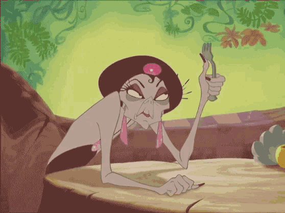 a cartoon character is sitting at a table and holding a fork