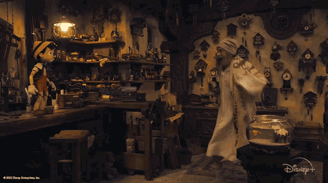 a man in a white robe stands in a room with clocks on the wall and a disney logo on the bottom
